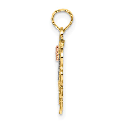 14K Two-Tone W/White Rhodium Mom Heart W/Flower Charm