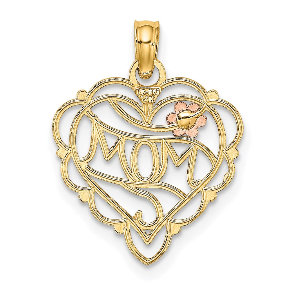 14K Two-Tone W/White Rhodium Mom Heart W/Flower Charm
