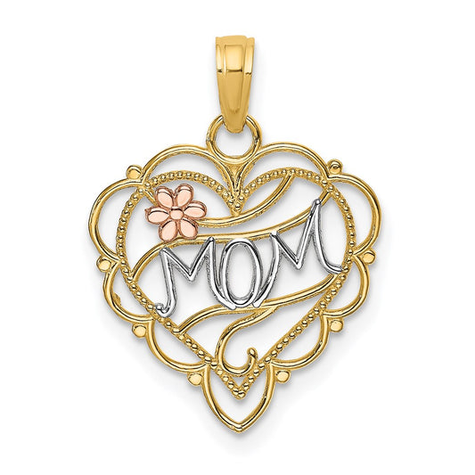 14K Two-Tone W/White Rhodium Mom Heart W/Flower Charm