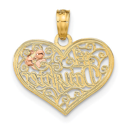 14K Two-Tone White Rhodium #1 Daughter In Heart W/ Flowers Charm