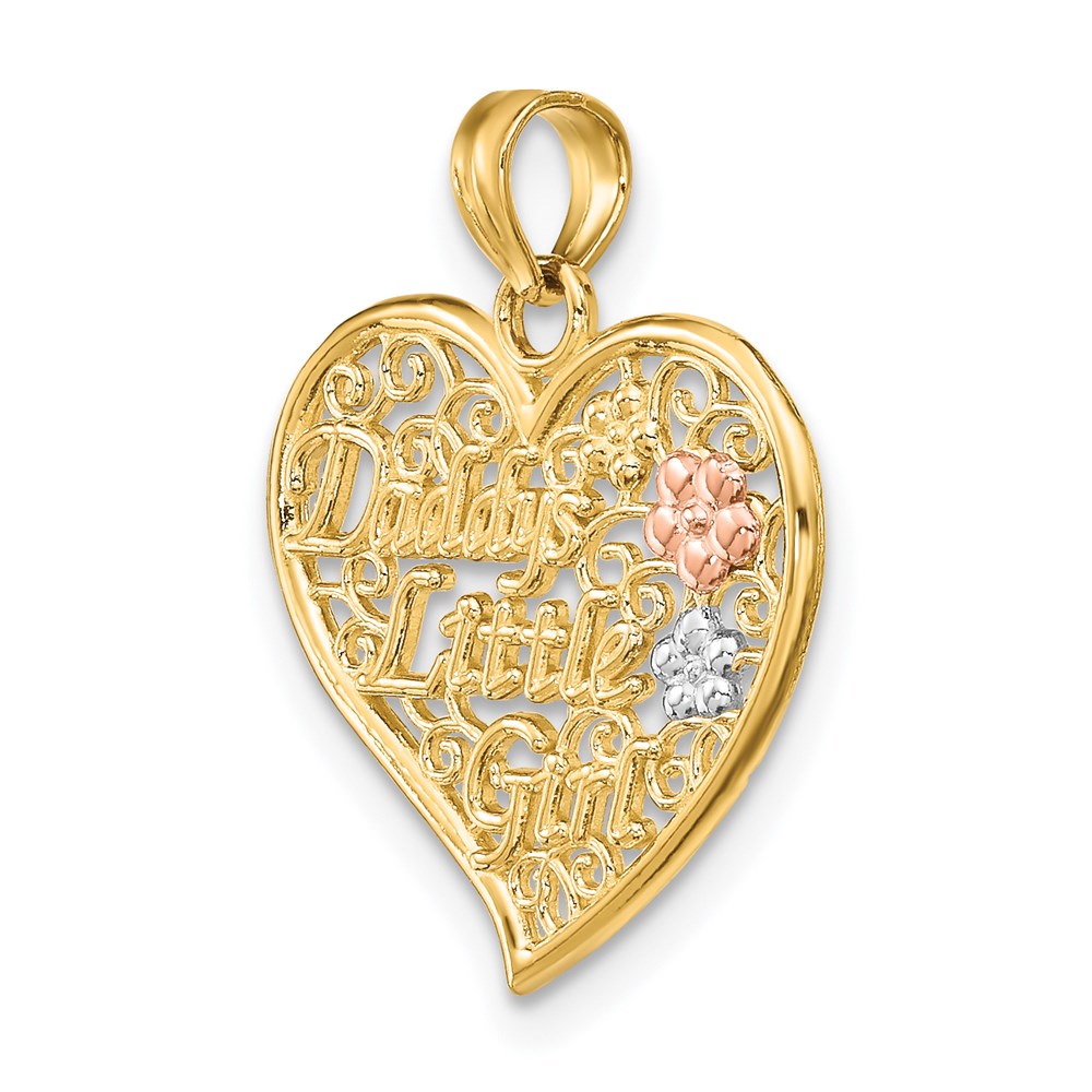 14K Two-Tone White Rhdoium Daddys Little Girl Filigree Heart Charm