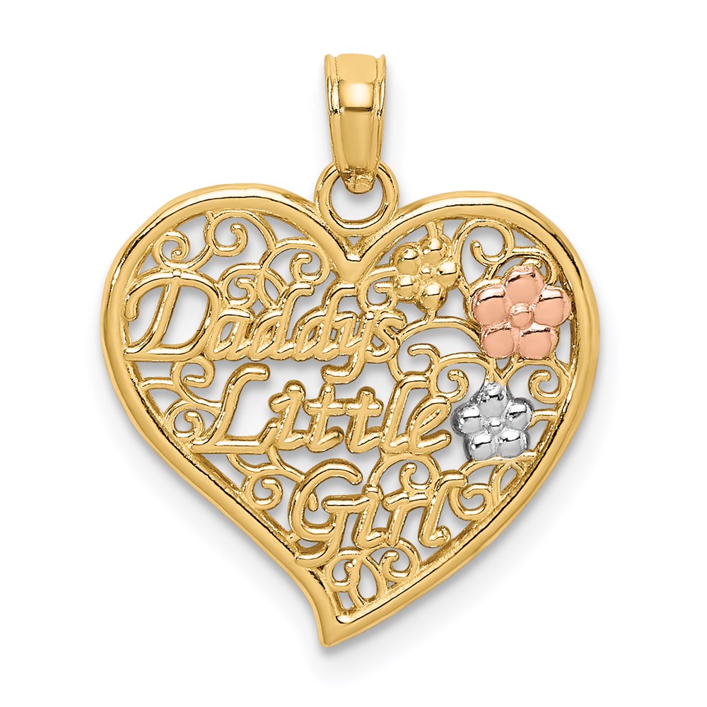 14K Two-Tone White Rhdoium Daddys Little Girl Filigree Heart Charm