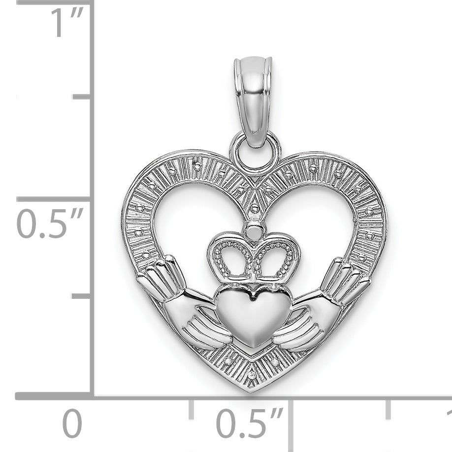 14K White Gold Polished/Textured Heart Claddagh Charm