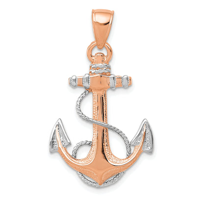 14K Rose Gold W/ Rhodium Anchor Rope Pendant