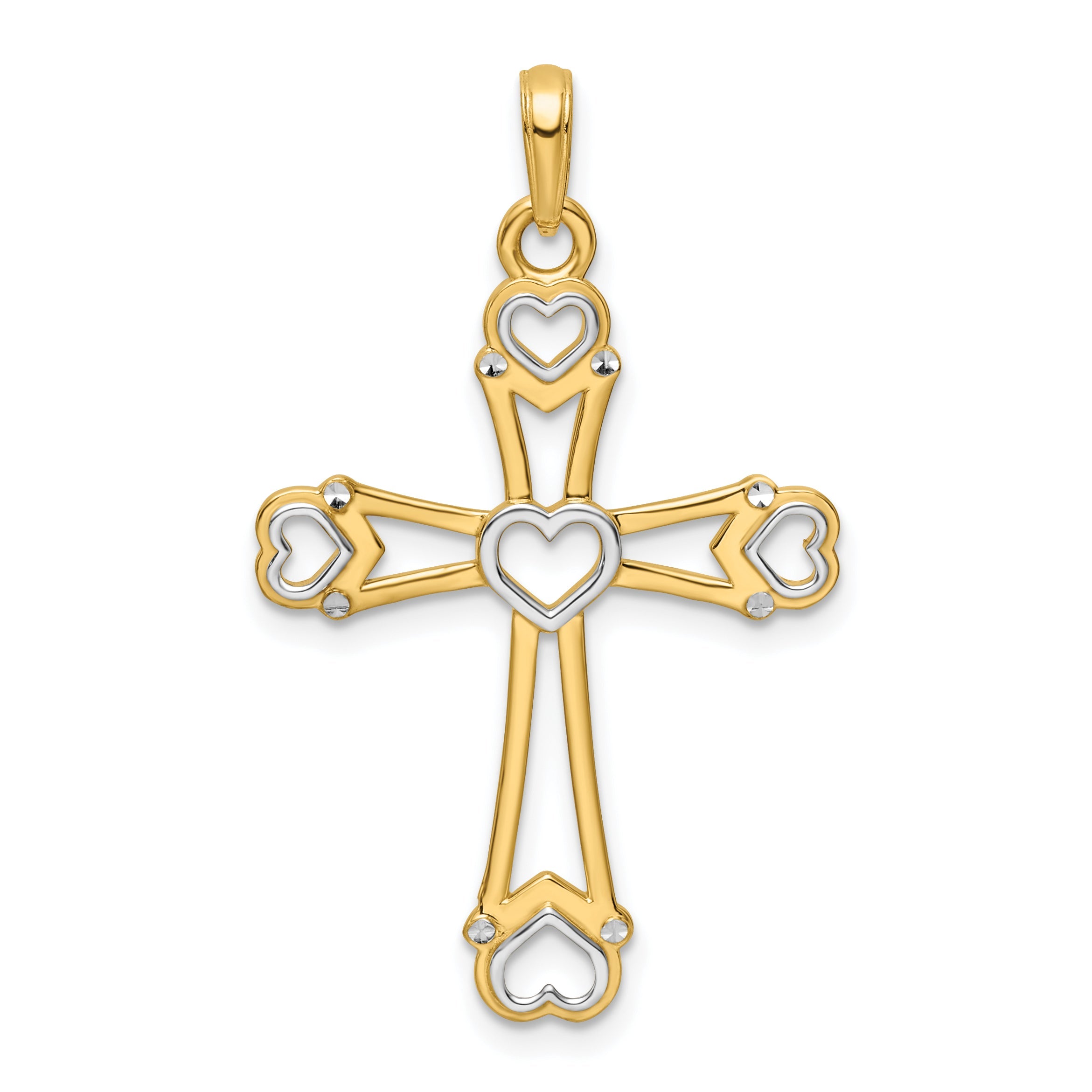 14K Yellow & Rhodium W/Rhodium D/C Cross W/Hearts Pendant