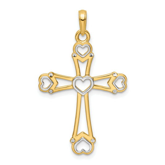 14K Yellow & Rhodium W/Rhodium D/C Cross W/Hearts Pendant