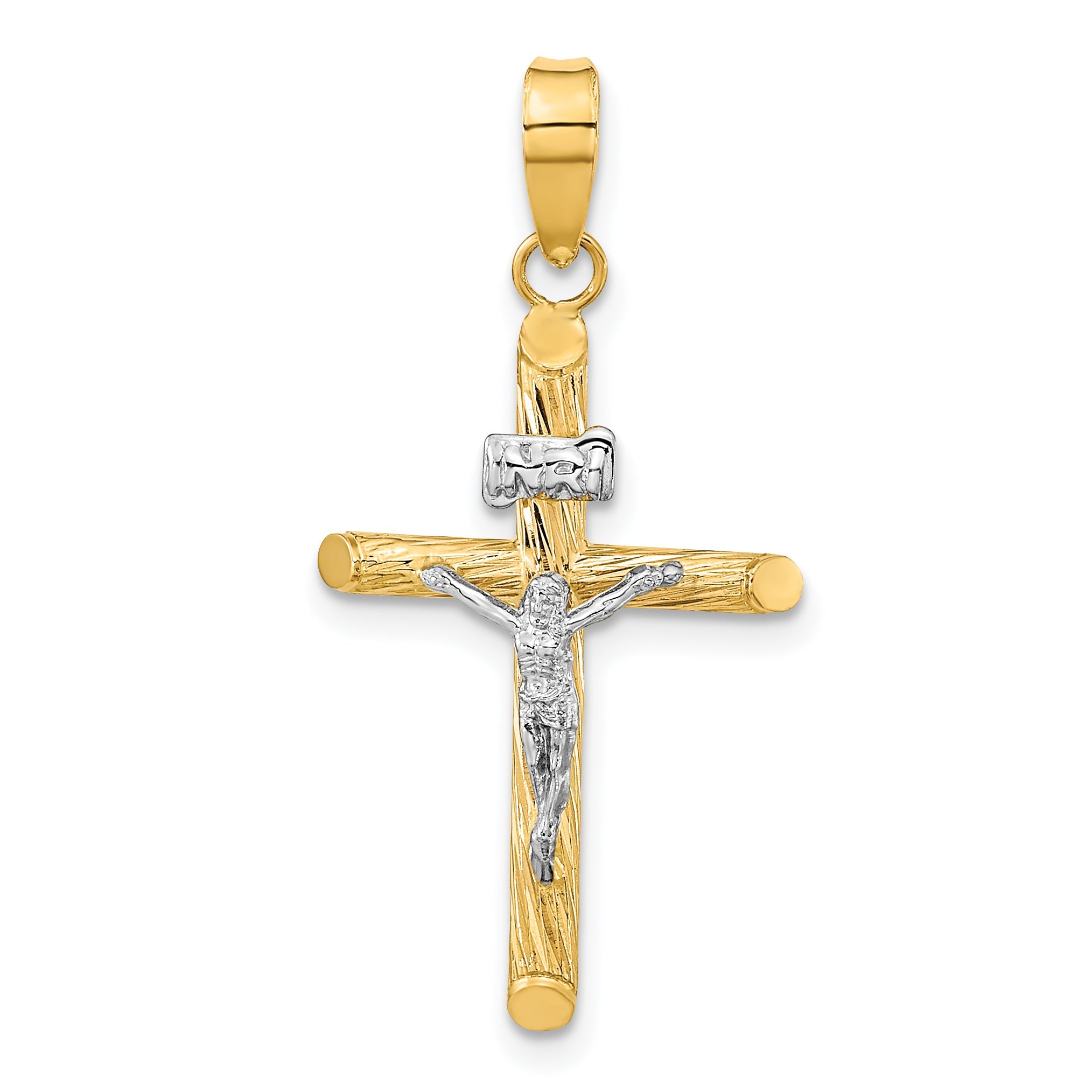 14K Yellow & Rhodium W/White Rhod Polished Textured Inri Crucifix Cross Pendant