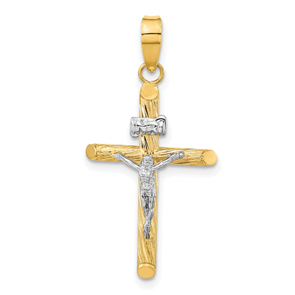 14K Yellow & Rhodium W/White Rhod Polished Textured Inri Crucifix Cross Pendant