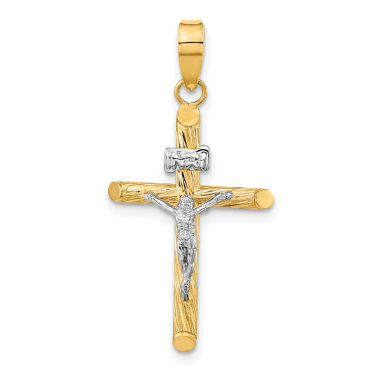 14K Yellow & Rhodium W/White Rhod Polished Textured Inri Crucifix Cross Pendant