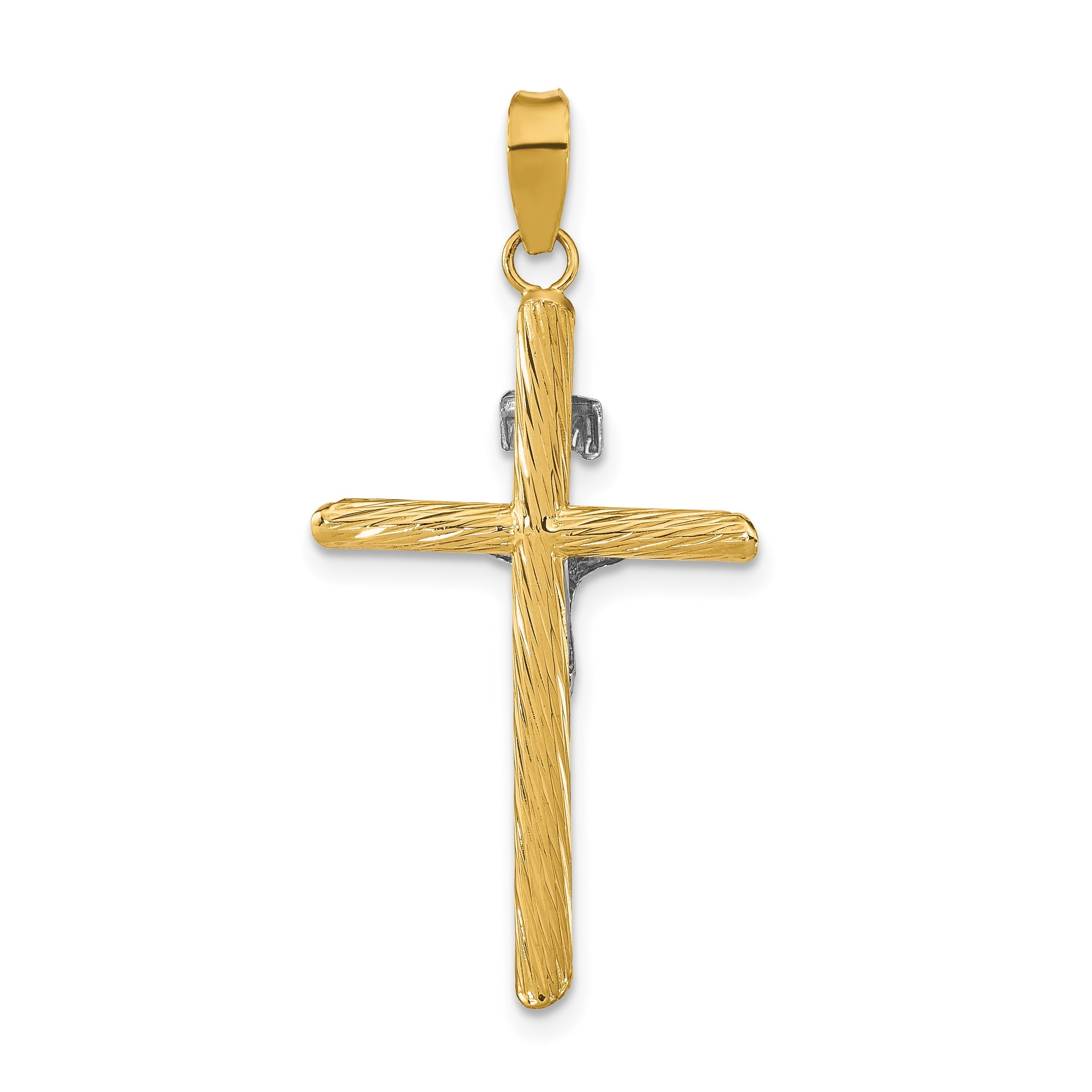 14K Yellow & Rhodium W/White Rhod Polished Textured Inri Crucifix Cross Pendant