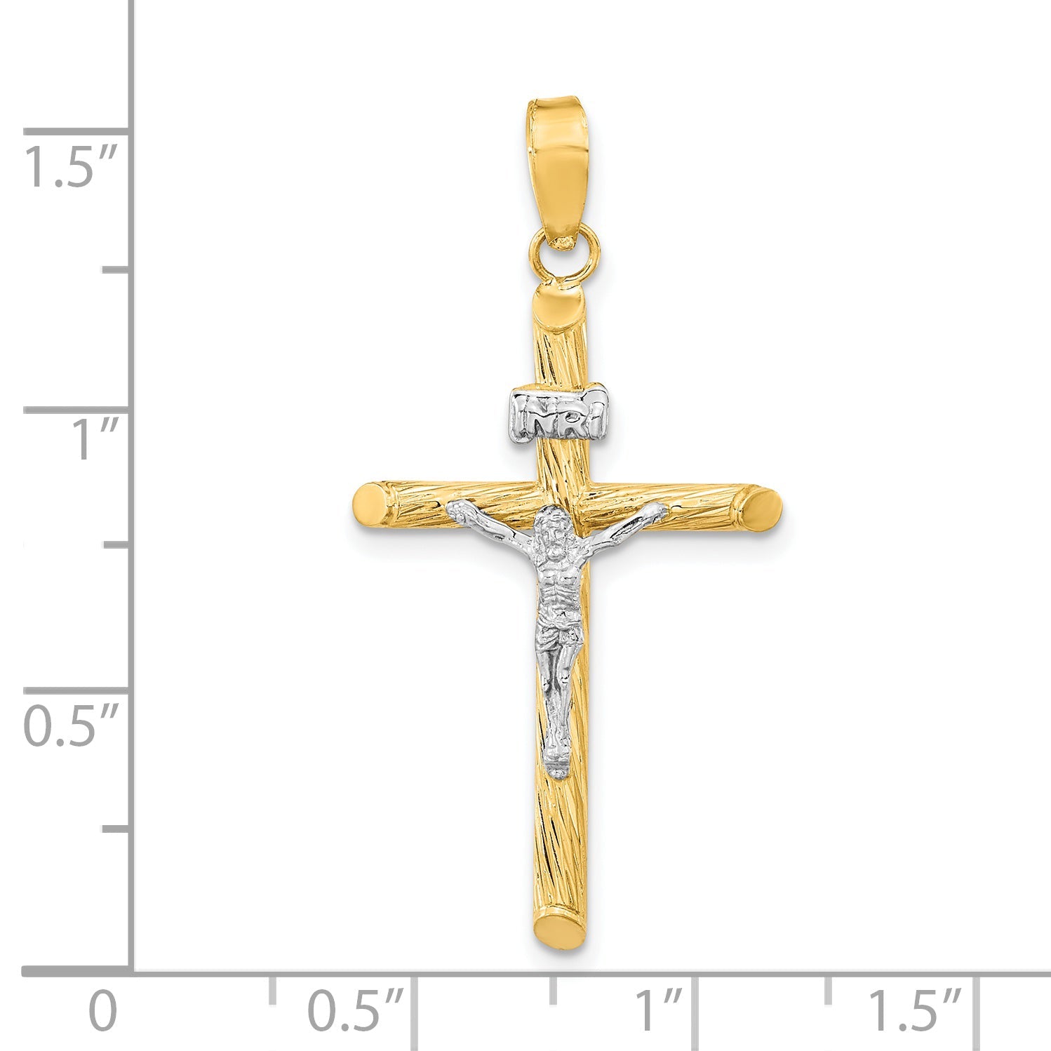 14K Yellow & Rhodium W/White Rhod Polished Textured Inri Crucifix Cross Pendant