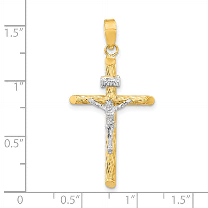14K Yellow & Rhodium W/White Rhod Polished Textured Inri Crucifix Cross Pendant