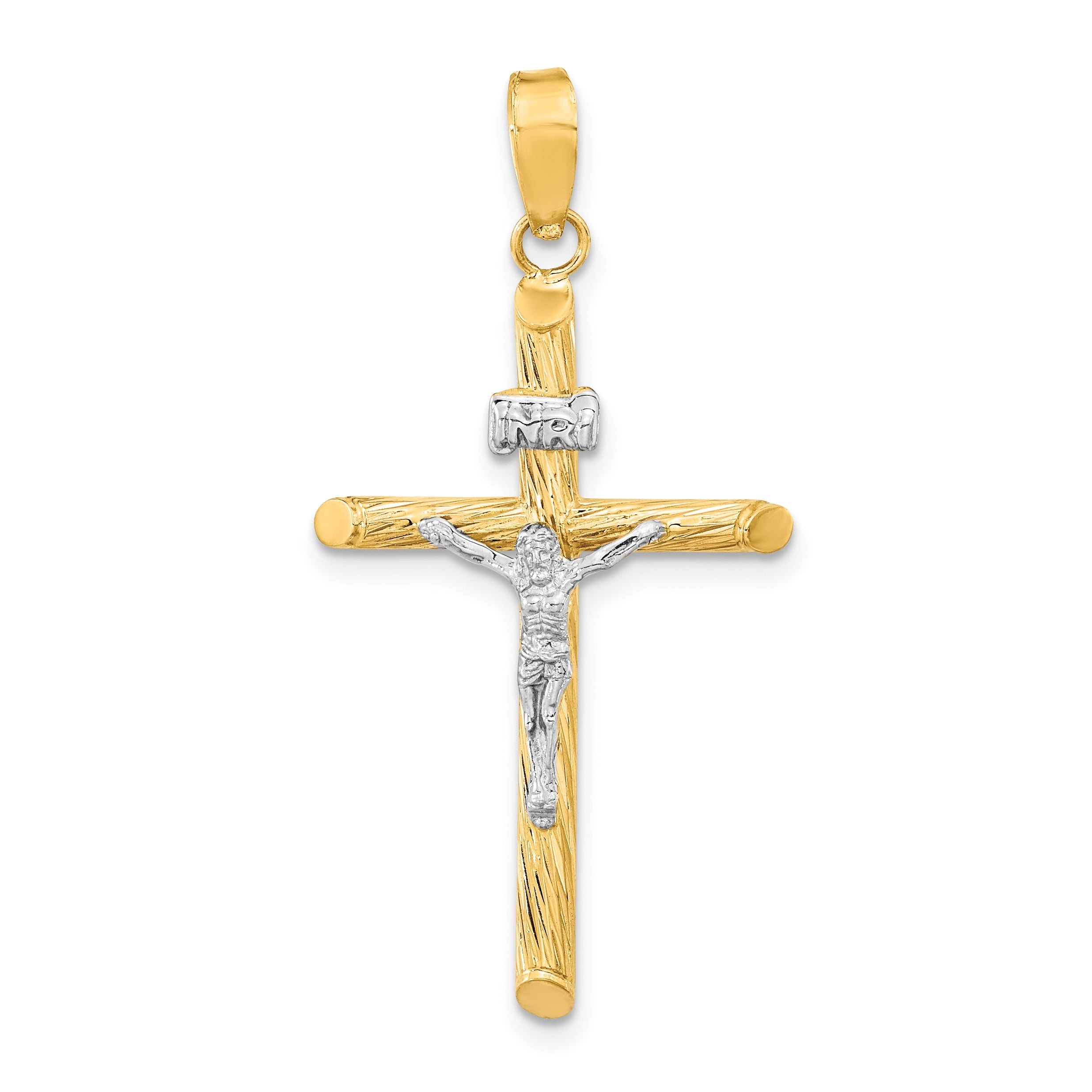 14K Yellow & Rhodium W/White Rhod Polished Textured Inri Crucifix Cross Pendant