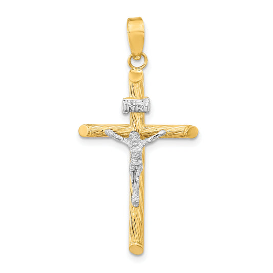 14K Yellow & Rhodium W/White Rhod Polished Textured Inri Crucifix Cross Pendant
