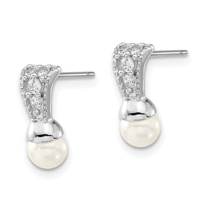Fashion Kelly Waters Silver Tone Rhodium Plated White Simulated Pearl & Cz Post Dangle Earrings