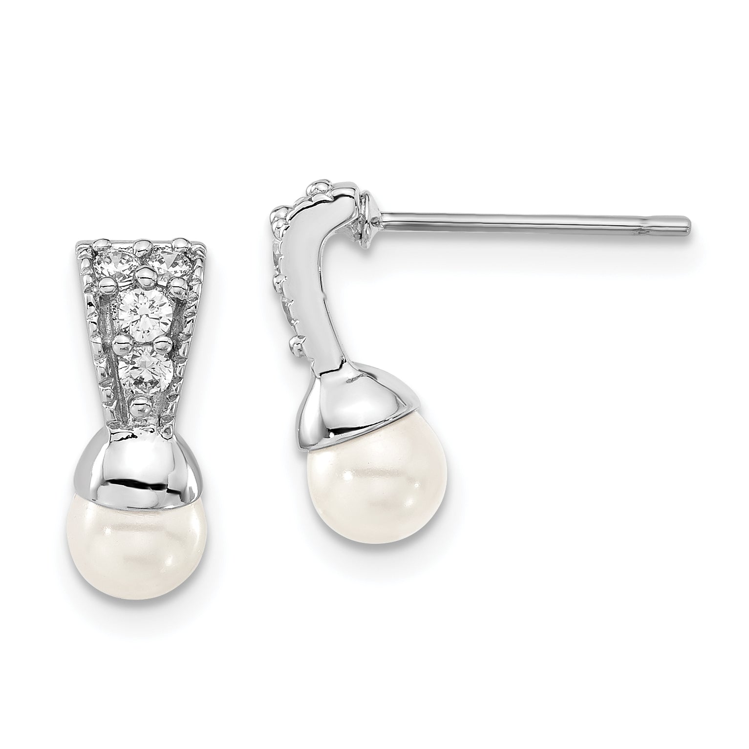 Fashion Kelly Waters Silver Tone Rhodium Plated White Simulated Pearl & Cz Post Dangle Earrings