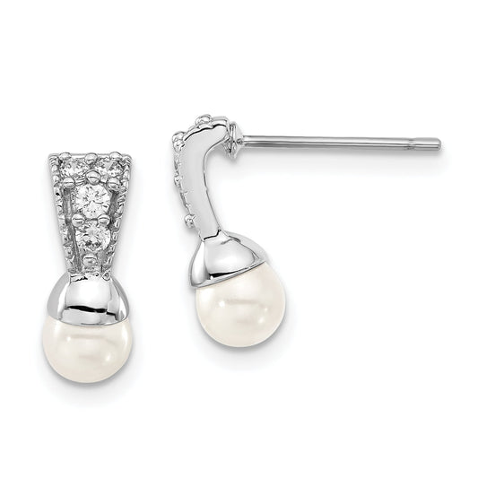 Fashion Kelly Waters Silver Tone Rhodium Plated White Simulated Pearl & Cz Post Dangle Earrings