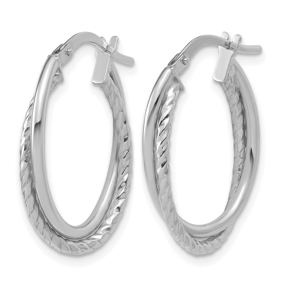 14K White Gold Polished Textured Oval Hoop Earrings