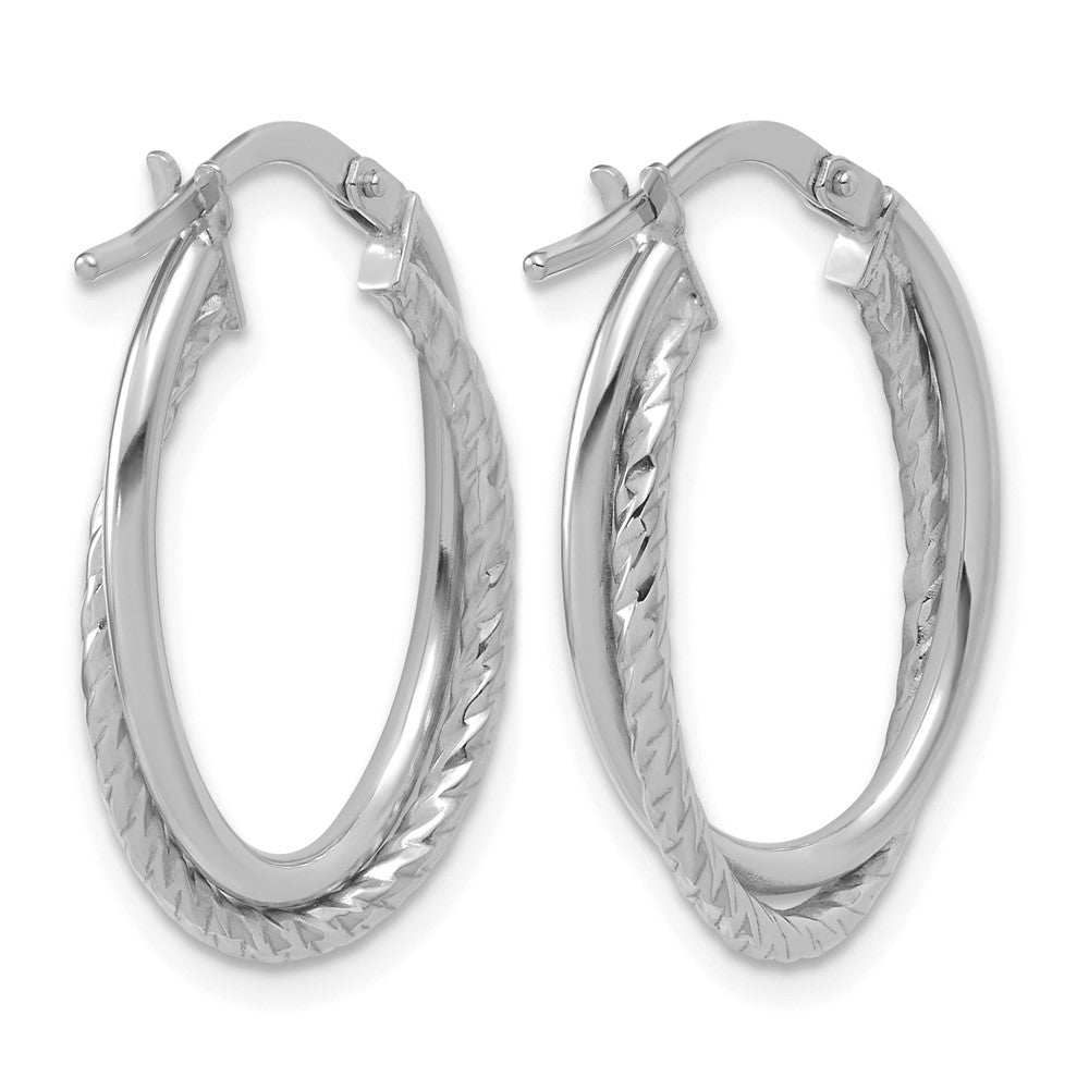 14K White Gold Polished Textured Oval Hoop Earrings