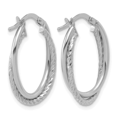 14K White Gold Polished Textured Oval Hoop Earrings