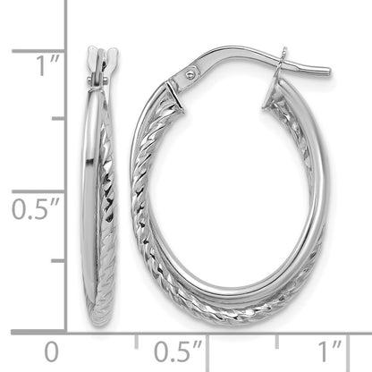 14K White Gold Polished Textured Oval Hoop Earrings