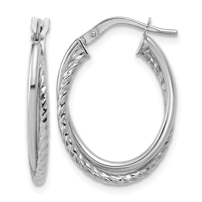 14K White Gold Polished Textured Oval Hoop Earrings