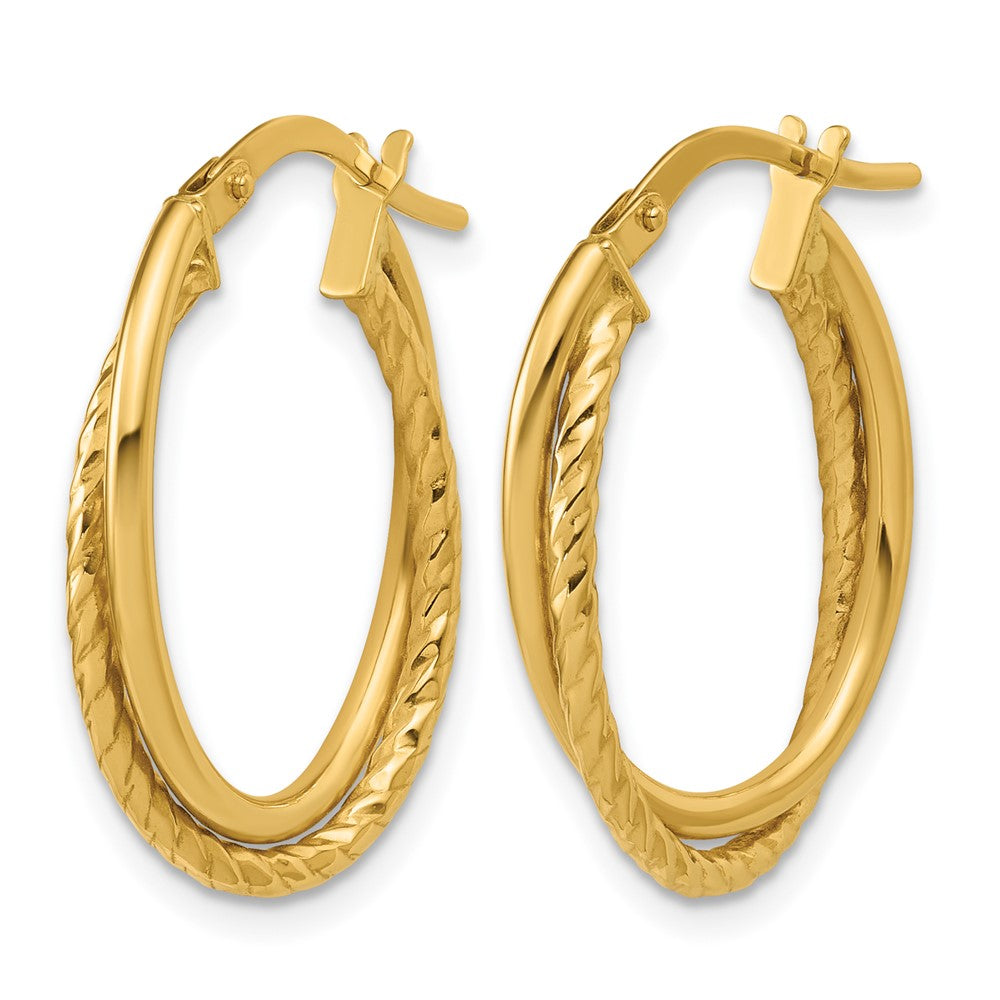 14K Yellow Gold Polished Textured Oval Hoop Earrings