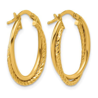 14K Yellow Gold Polished Textured Oval Hoop Earrings