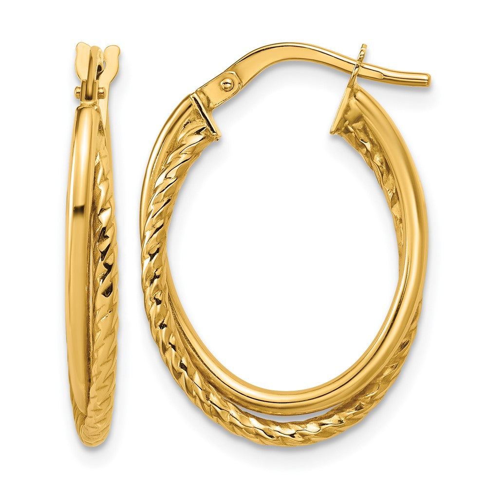 14K Yellow Gold Polished Textured Oval Hoop Earrings