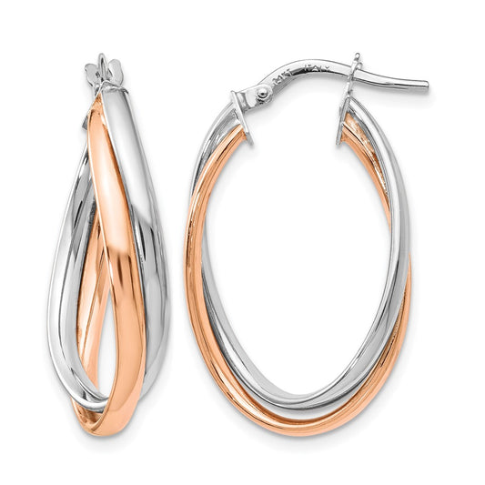14K Two-Tone Rose And White Gold Polished Fancy Hoop Earrings