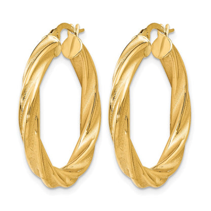 14K Yellow Gold Polished Scratch-Finish Twisted Hoop Earrings