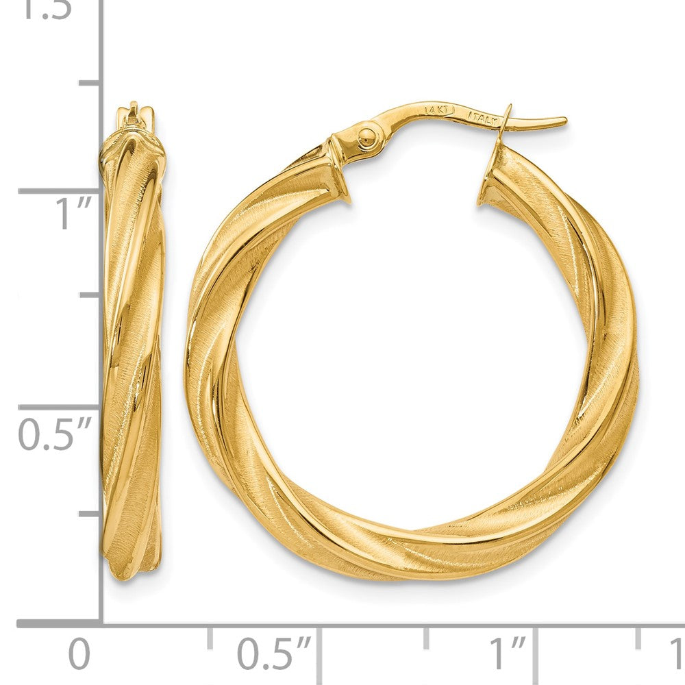 14K Yellow Gold Polished Scratch-Finish Twisted Hoop Earrings
