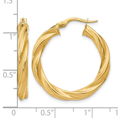 14K Yellow Gold Polished Scratch-Finish Twisted Hoop Earrings