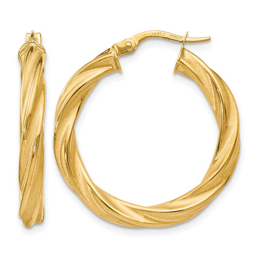 14K Yellow Gold Polished Scratch-Finish Twisted Hoop Earrings
