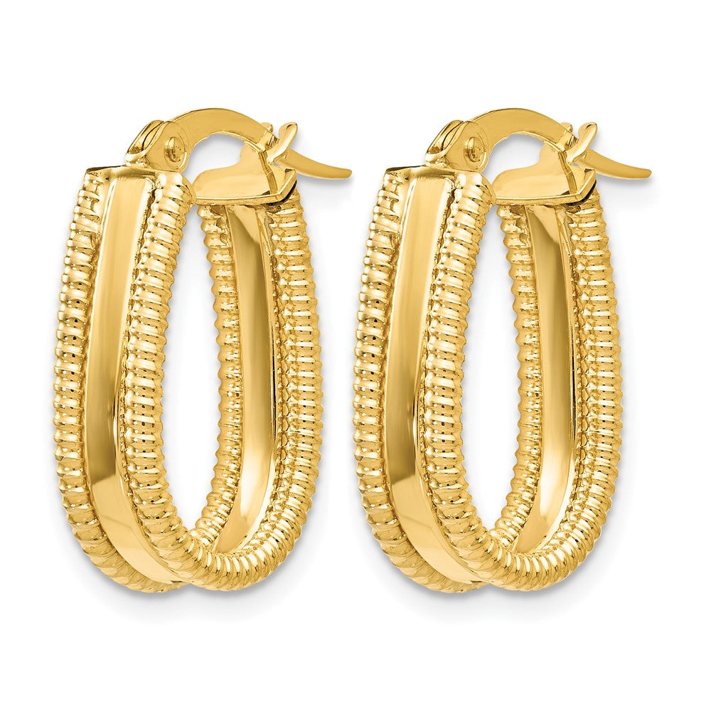 14K Yellow Gold Polished Textured Oval Hoop Earrings