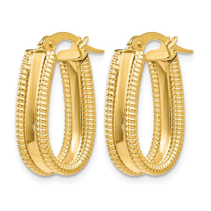 14K Yellow Gold Polished Textured Oval Hoop Earrings