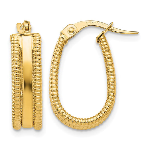 14K Yellow Gold Polished Textured Oval Hoop Earrings
