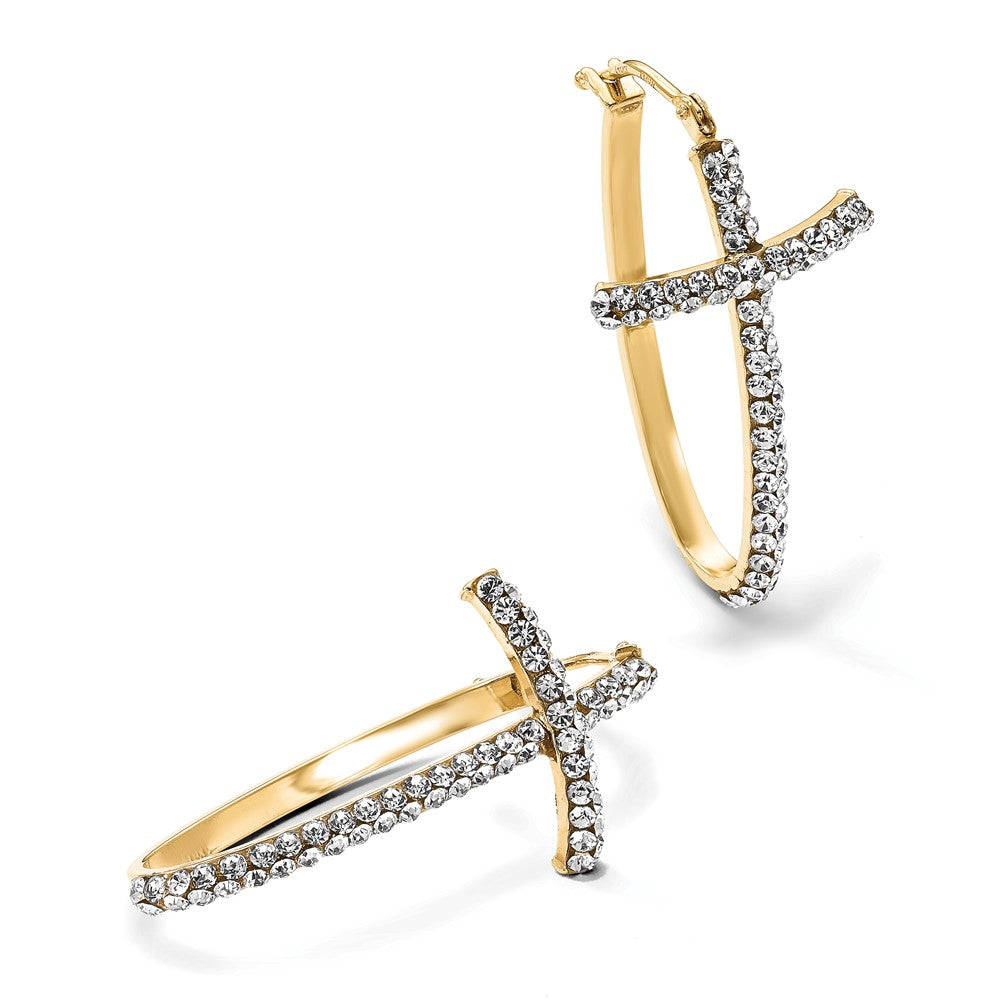 14K Yellow Gold Crystals From Swarovski Polished Cross Hoop Earrings
