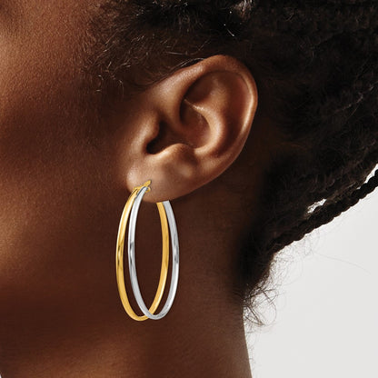 14K Yellow & Rhodium With Polished Hoop Earrings