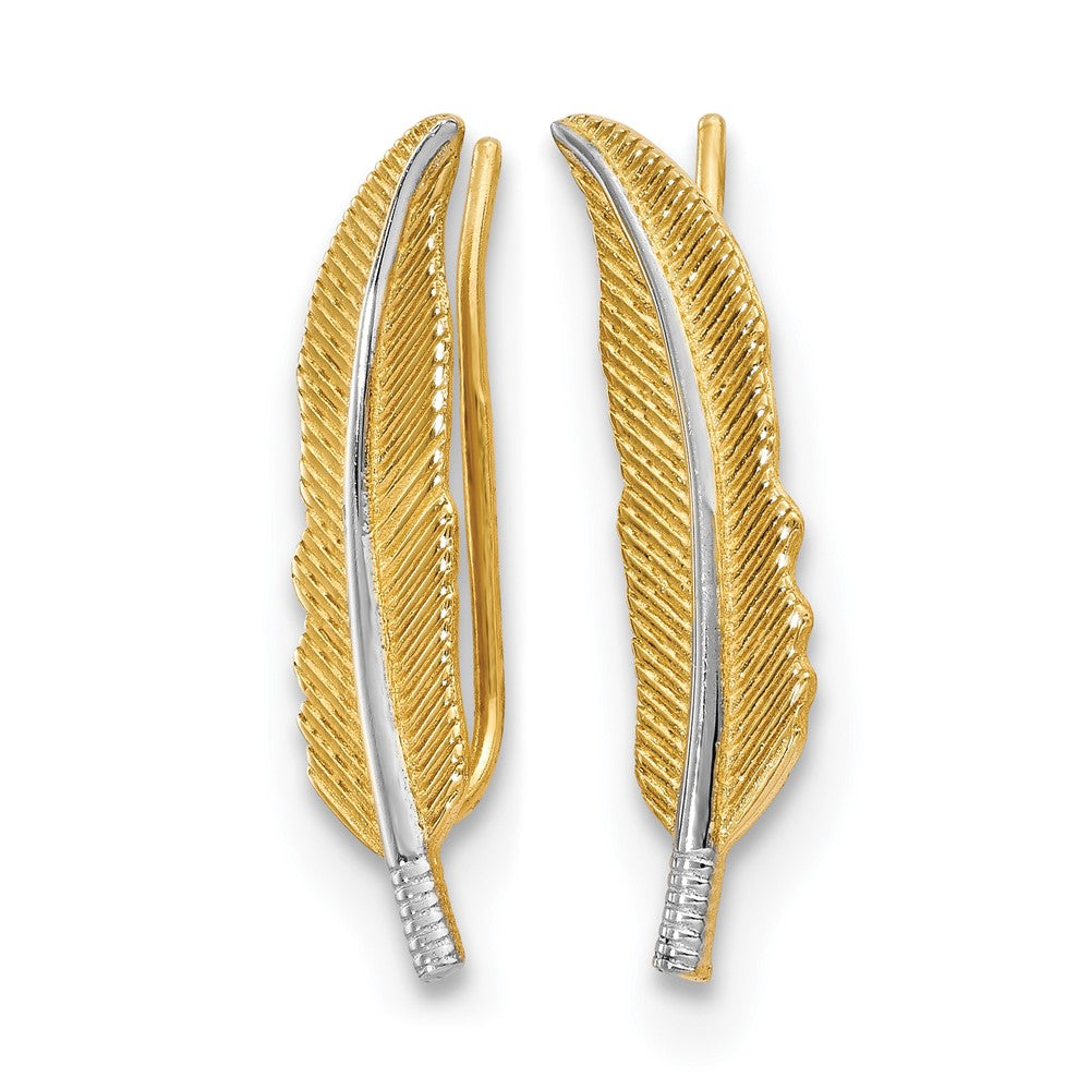 14K Yellow & Rhodium Polished Feather Ear Climber Earrings