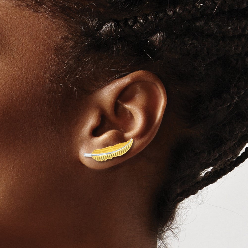 14K Yellow & Rhodium Polished Feather Ear Climber Earrings