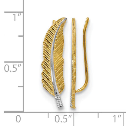 14K Yellow & Rhodium Polished Feather Ear Climber Earrings