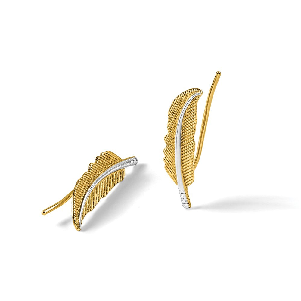 14K Yellow & Rhodium Polished Feather Ear Climber Earrings