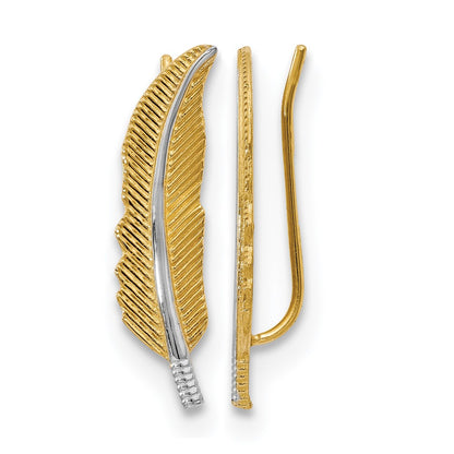 14K Yellow & Rhodium Polished Feather Ear Climber Earrings