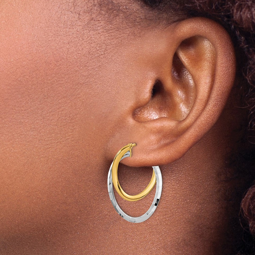 14K Yellow & Rhodium With White Polished Fancy Hoop Earrings