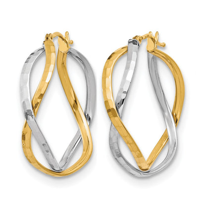 14K Yellow & Rhodium With Polished Criss Cross Hoop Earrings