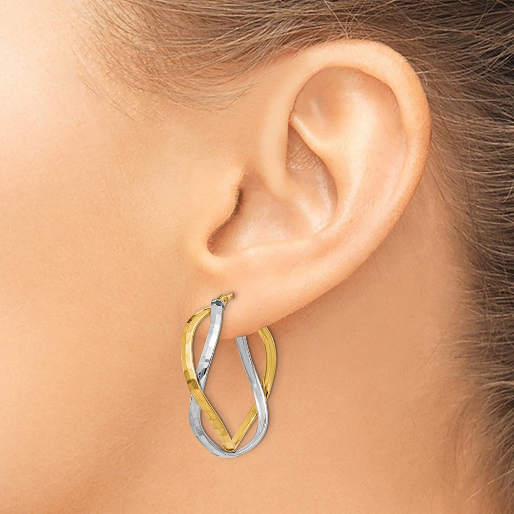 14K Yellow & Rhodium With Polished Criss Cross Hoop Earrings