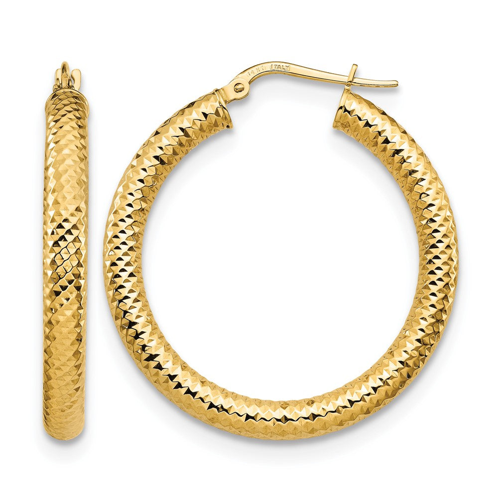 14K Yellow Gold 4X25 D/C Round Hoop Earrings
