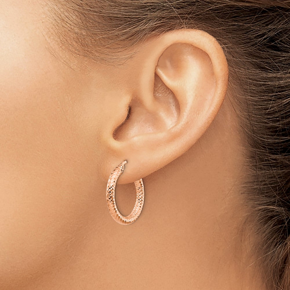 14K Rose Gold 3X15 D/C Round Hoop Earrings