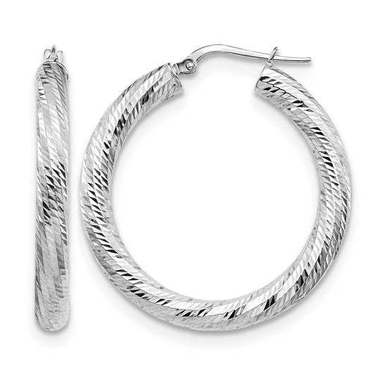 14K White Gold 4X25 D/C Round Hoop Earrings